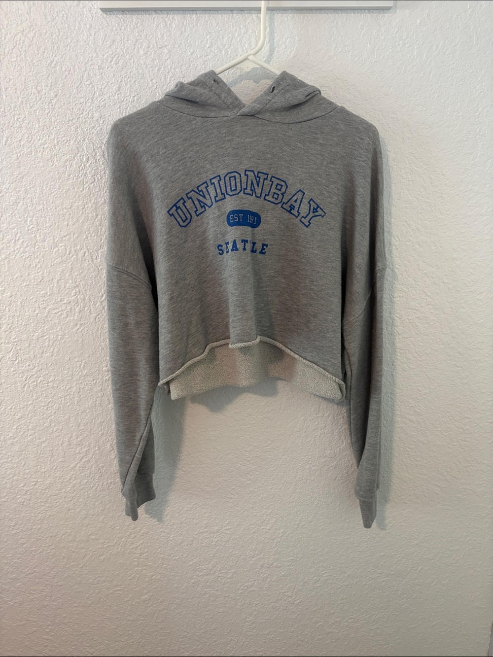 UNIONBAY Gray Cropped Hoodie with Blue Arch Logo
